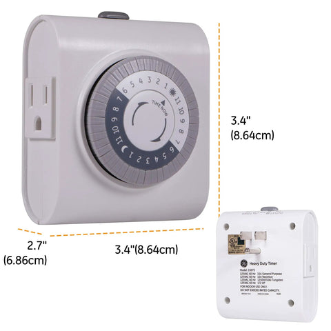 Side and back view of 24 Hour Mechanical Outlet Timer Switch With Dual Grounded Plug In Control For Indoor Lighting Lamps Fans Christmas Trees