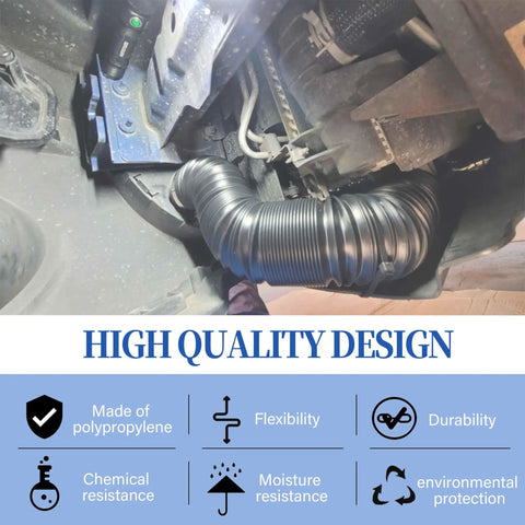 2 1/2 Inch Flexible Dust Collection Hose For Drill Press And Woodworking Tools, black hose under machinery, features icons