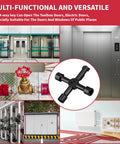 Collage of a 4-way key tool for opening doors, valves, and panels in various industrial and public settings.