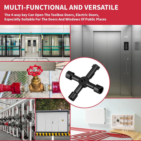 Collage of a 4-way key tool for opening doors, valves, and panels in various industrial and public settings.