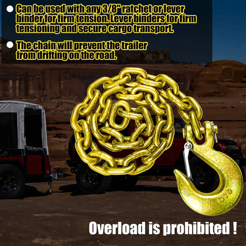 G80 Trailer Safety Chain 35 Inch Tow Chain With 3/8 Clevis Snap Hook coiled on rocky background, showing detail of hook.