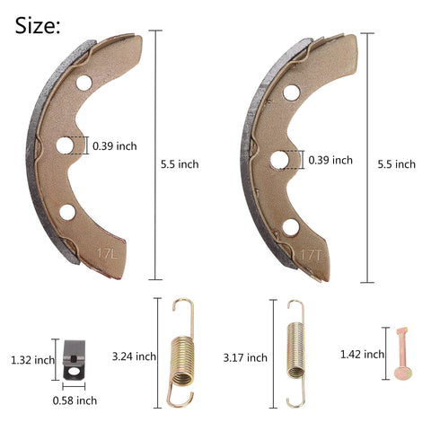 Image of Golf Cart Brake Shoes And Spring Kit showing dimensions of 17L and 17T brake shoes and springs, sizes detailed.
