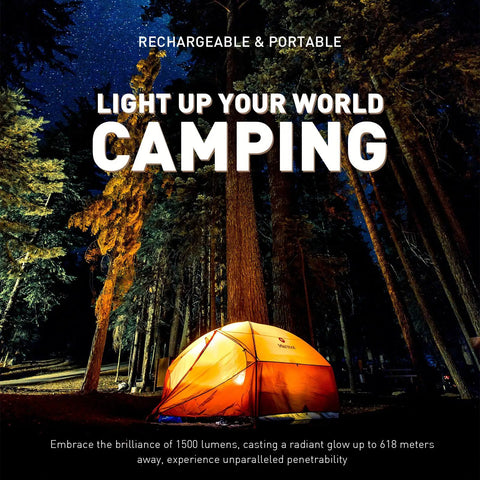 Hunting Spotlight 1500 Lumen Camouflage Handheld Corded 12V Spotlight With Realtree Xtra illuminating a campsite at night.