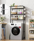 Over The Toilet Storage Cabinet Three Tier Metal Bathroom Shelf Organizer With Paper Holder And Hooks Black Finish in laundry room