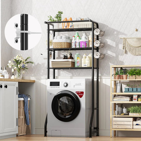 Over The Toilet Storage Cabinet Three Tier Metal Bathroom Shelf Organizer With Paper Holder And Hooks Black Finish in laundry room
