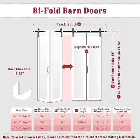 Diagram of Four Panel Bi Fold Barn Door 60 Inch Wide By 84 Inch Tall With Sliding Hardware Kit; dimensions and features labeled.