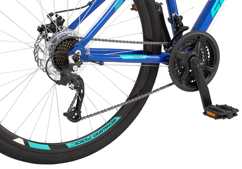 Close-up of GTX 2 Hybrid Bike's rear wheel, showing 700C wheel, gearing, and mechanical disc brakes for road and trail use.