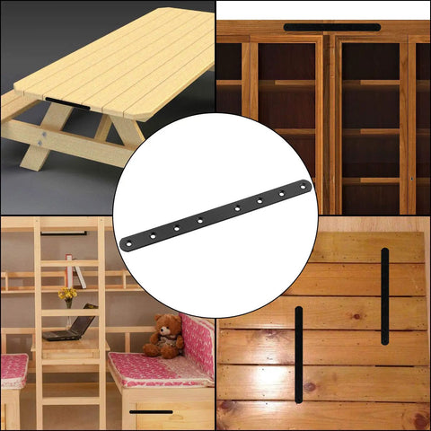 Heavy Duty Black Mending Plates 10 Inch Straight Steel Braces For Rock Solid Wood Repair Fence Reinforcement And Deck Shelves in various wooden uses.