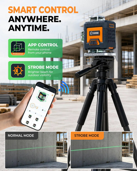 360 Degree Laser Level Self Leveling Kit With 56 Inch Tripod For Construction And Tile, Dual 360 Degree Horizontal And Vertical Planes, 16 Laser Lines Deliver Full Room Coverage, Pro Grade Accuracy One Sixteenth Inch At Sixteen Feet. Laser level on tripod with phone app control at construction site