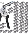 Badass Upholstery Hog Ring Pliers With Type M Hog Nail Rings Assortment Kit showing steel pliers and metal clips for fence fastening.