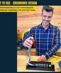 Man demonstrating Heavy Duty Ferrule Crimping Tool And Air Hose Repair Kit For Three Eighths, Five Sixteenths, And Quarter Inch ID Hoses