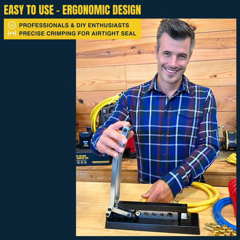 Man demonstrating Heavy Duty Ferrule Crimping Tool And Air Hose Repair Kit For Three Eighths, Five Sixteenths, And Quarter Inch ID Hoses