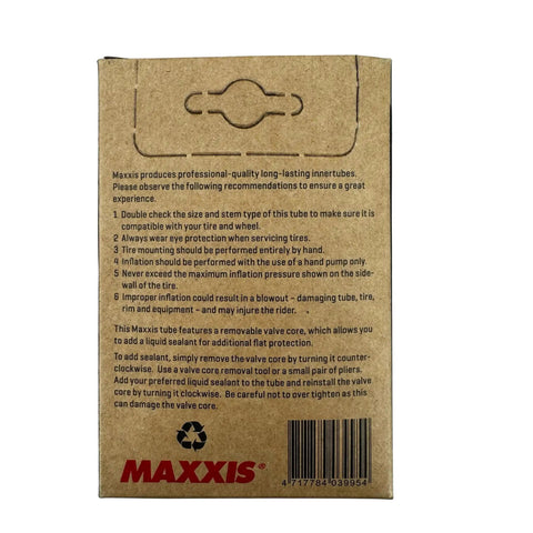 Back of Maxxis box with instructions for Beefy Welter Weight 29 Inch MTB Inner Tube With 48 Mm Presta Valve And Removable Core