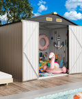 Weatherproof 8x6 Feet Outdoor Storage Shed With Lockable Doors Thick Galvanized Steel Construction, opened to show storage inside.