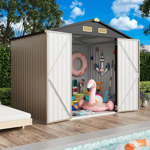 Weatherproof 8x6 Feet Outdoor Storage Shed With Lockable Doors Thick Galvanized Steel Construction, opened to show storage inside.