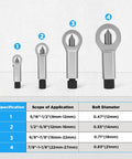 Four-piece Beefy Four Piece Nut Splitter Tool Set for heavy-duty removal, shown in different sizes for various bolt diameters.