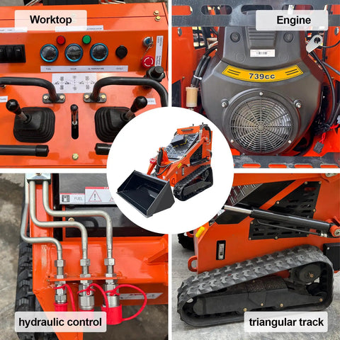 Compact Track Loader With 43.8 Inch Bucket, control panel, engine, hydraulic system, triangular track, 23HP, orange red