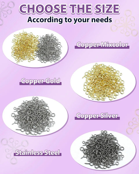 Stainless Steel Small Screw Eye Pins 320 Pcs Jewelry Making Kit In Gold And Silver shown in different sizes and colors