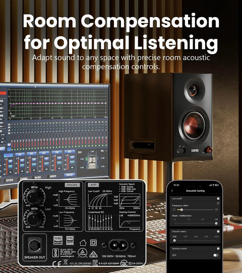 Room with Hi Res Audio 2.0 Studio Monitors For Your Home Studio Setup Vibe, 110W RMS, room compensation controls and mobile app.