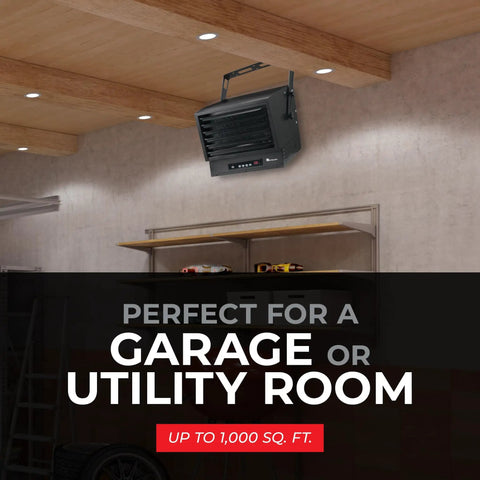 Ceiling Mount Garage Heater 7500W And 6250W 240V With Adjustable Louvers and Tilt Head installed in a garage for warmth.