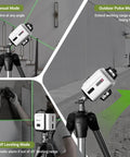 Green Laser Level With Self Leveling One Horizontal 360 Degree Plane And Two Vertical 360 Degree Planes Pro Grade High Brightness Green Laser For Picture Hanging And Layout Magnetic Stand Rechargeable Batteries Hard Case Included showing various operational modes and outdoor use.