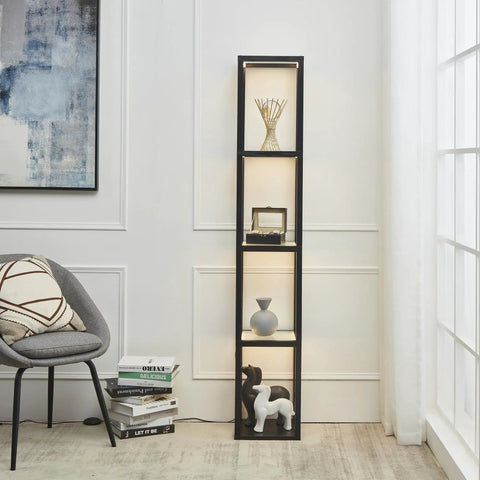 66 Inch Glass Dimmable LED Floor Lamp With Shelves for bedroom and living room in modern setting with decor items.