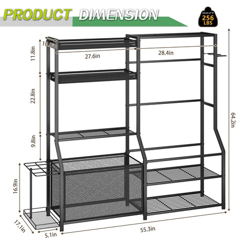 Garage Sports Gear Organizer With Golf Bag Storage Rack dimensions showing heavy duty ball organizer structure and size