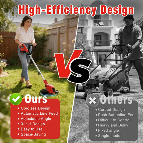 Comparison of Two In One Cordless Weed Wacker And Lawn Edger With 12 Inch Cut versus traditional mower
