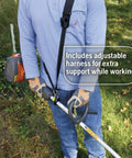 Man using 122RJ Gas Powered Brushcutter With Multi Purpose Yard Tool String Trimmer Head And Grass Blade Adjustable Harness
