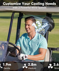 Top Shelf Magnetic Rechargeable Travel Fan For Golf Carts And Cruise Ships 10000Mah Battery cooling a golfer in a cart.