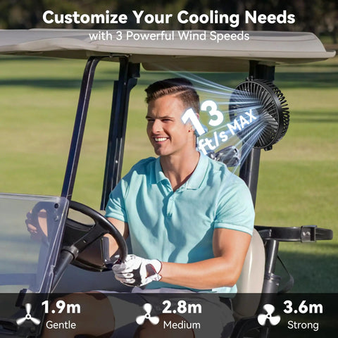 Top Shelf Magnetic Rechargeable Travel Fan For Golf Carts And Cruise Ships 10000Mah Battery cooling a golfer in a cart.