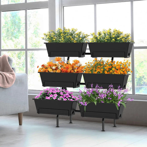 Three Tier Vertical Garden Planter With Six Boxes, 31 Inch Tall Raised Garden Bed For Herbs, Flowers, And Veggies, Adjustable Feet For Leveling On Indoor Or Outdoor Patios, Decks, Balconies, Black Powder Coated Metal in living room