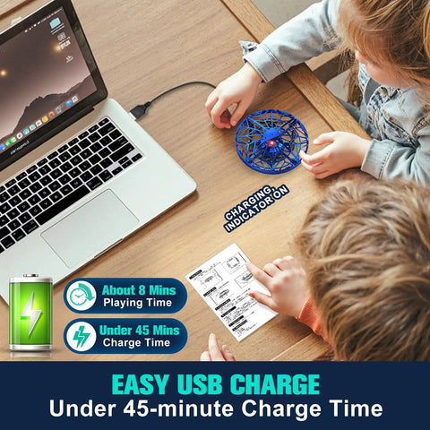 Child charging Hand Operated Kids Drone With AI Motion Sensor, Rechargeable Mini Quadcopter That Auto Hover, 360 Flip Roll on a table