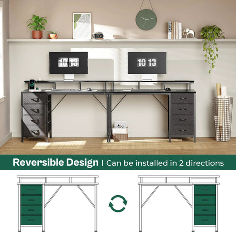 47 Inch Computer Desk With Built In Power Outlets And LED Lights, Game Ready Desk With Four Drawers And Monitor Stand, Perfect For Small Space Home Office, Black. Reversible setup shown with dual monitors.