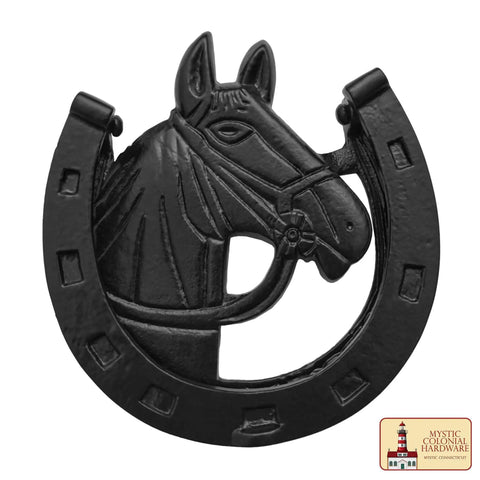 Antique Horse Head Door Knocker In Cast Iron With Rustic Horseshoe Accent For Front Door, Barn, Farmhouse Or Garden Gate