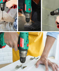 Cordless Drill Driver 20V Workhorse Kit With 330 Inch Pound Torque 1500 RPM 2Ah Li Ion Battery in use on wood, metal, wall, and cabinet