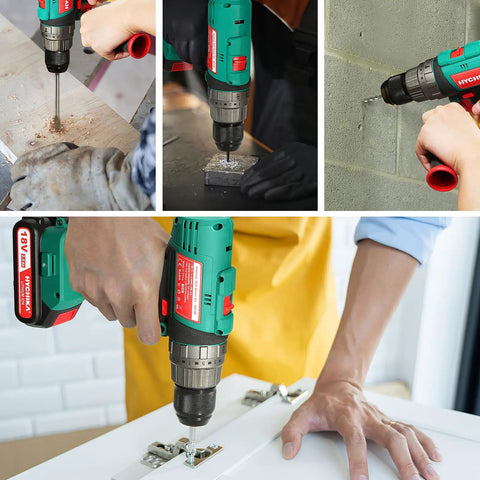 Cordless Drill Driver 20V Workhorse Kit With 330 Inch Pound Torque 1500 RPM 2Ah Li Ion Battery in use on wood, metal, wall, and cabinet