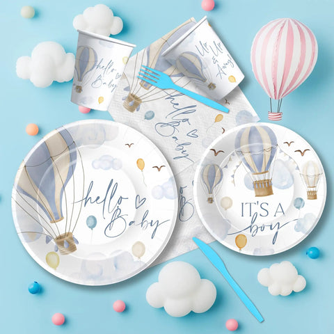 Blue Hot Air Balloon Baby Shower Tableware Set for Boy Disposable Plates Cups Napkins and Cutlery Serves 24 Adventure Awaits Theme