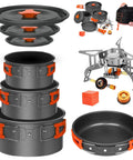 All-In-One Camping Cookware Set With Stove And Adapter, 10-piece kit showing nonstick pots, pan, foldable stove, and adapter.