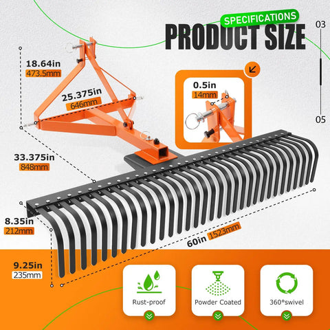 Diagram of 60 Inch Landscape Rake For Category 1 Tractors with 3 Point Tow-Behind, 360 Degree Rotating Head, size and features detailed.