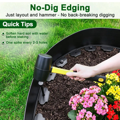 No Dig Landscape Edging Kit 33 Ft Long 4 Inch Tall Black Plastic Border being installed with a hand pressing in reinforced spikes