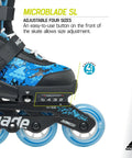 Close-up of Microblade SL Kids Adjustable Inline Skates Four Size Range For Beginners Youth Fitness Skates in Black Sky Blue
