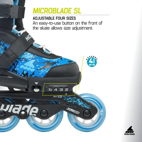 Close-up of Microblade SL Kids Adjustable Inline Skates Four Size Range For Beginners Youth Fitness Skates in Black Sky Blue