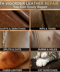 Brown Leather Repair Kit For Furniture And Auto Interiors With Quick Drying Adhesive To Fix Scratches Tears Holes And Peeling On Couches Sofas Jackets And Purses Featuring Super Easy Step By Step Instructions, showing repair of scuffs, scratches, rips, tears, splits, cuts, burns, holes, faded leather, and cat scratches on brown leather surfaces.