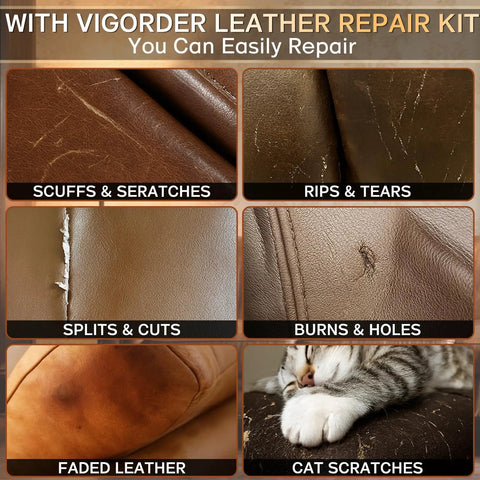 Brown Leather Repair Kit For Furniture And Auto Interiors With Quick Drying Adhesive To Fix Scratches Tears Holes And Peeling On Couches Sofas Jackets And Purses Featuring Super Easy Step By Step Instructions, showing repair of scuffs, scratches, rips, tears, splits, cuts, burns, holes, faded leather, and cat scratches on brown leather surfaces.