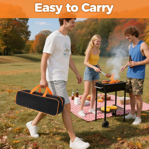 Person carrying Large Capacity Grill Utensil Storage Bag for outdoor grilling at picnic. Tear resistant, 1680D fabric.