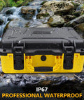 Rugged Waterproof Case For 20V Max Tire Inflator DCC020IB With Custom Foam Insert, shown with water droplets outdoors.