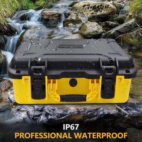 Rugged Waterproof Case For 20V Max Tire Inflator DCC020IB With Custom Foam Insert, shown with water droplets outdoors.