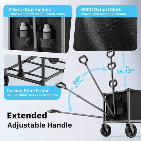 Heavy Duty Collapsible Wagon Cart With 29.3 Inch Body 150L Capacity And 260 Lb Load Beastly Rolling Cart showcasing handle adjustments