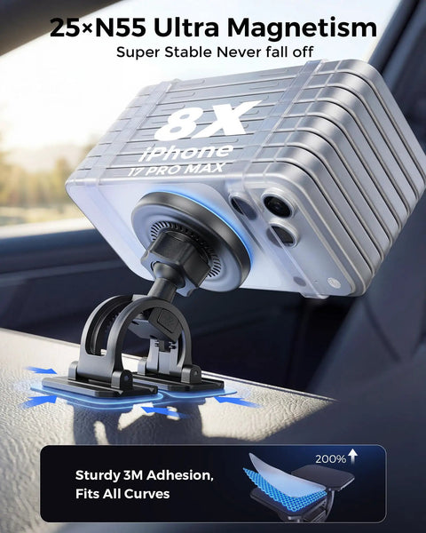 2-In-1 MagSafe Wireless Car Charger Mount With 15W Fast Charge Magnetic Phone Holder showing iPhone mount on dashboard